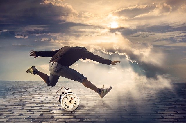 A man running from a storm jumping over a clock, symbolizing dealing with moving on short notice.