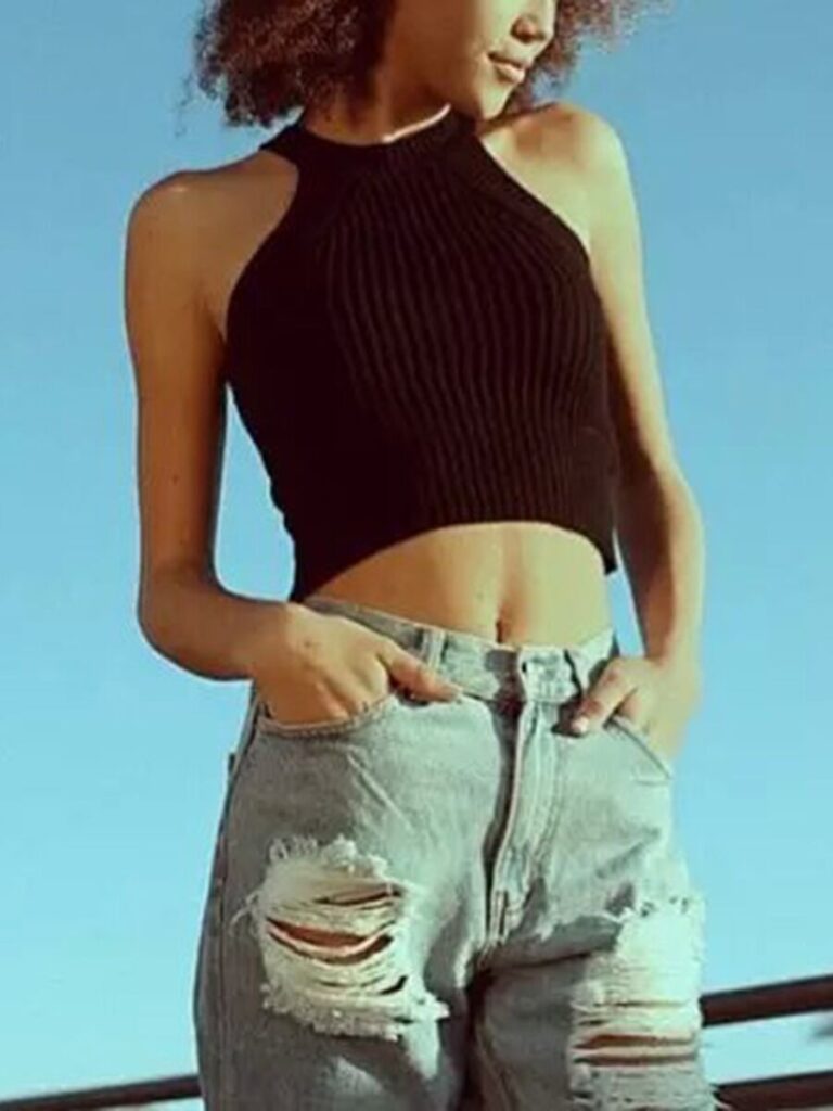 Solid Color Crochet Halter Cropped Tank Top