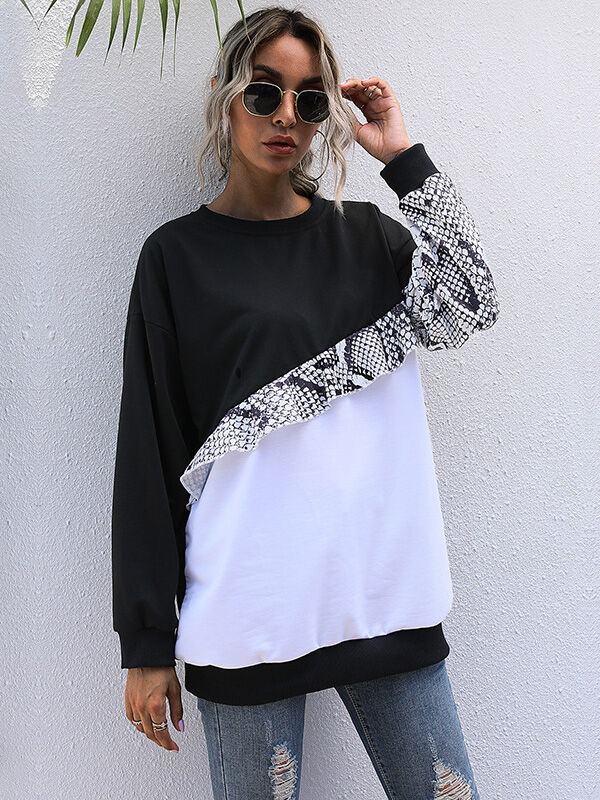  Color Blocking Snake Skin Ruffle Trim Tee