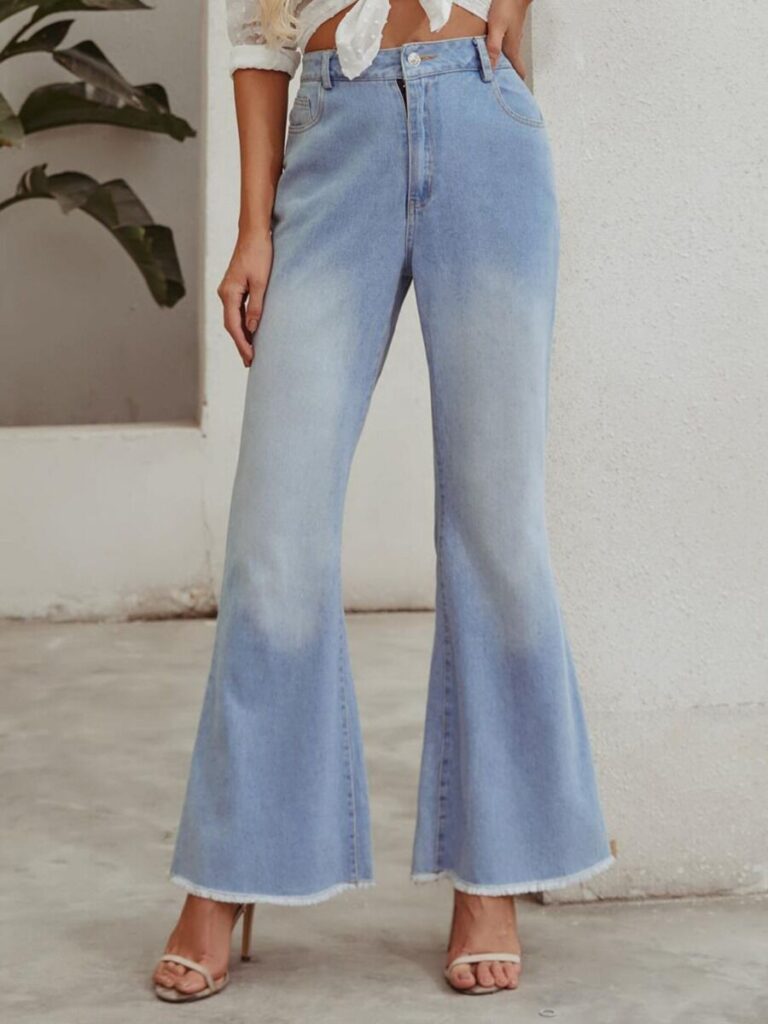 Fringe Hem Bell-bottom Denim Pants