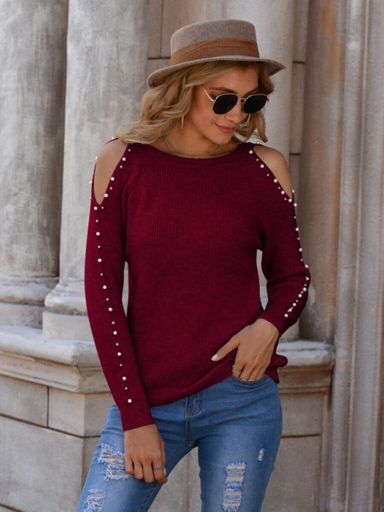Cold Shoulder Pearl Sleeve Rib-knit Top