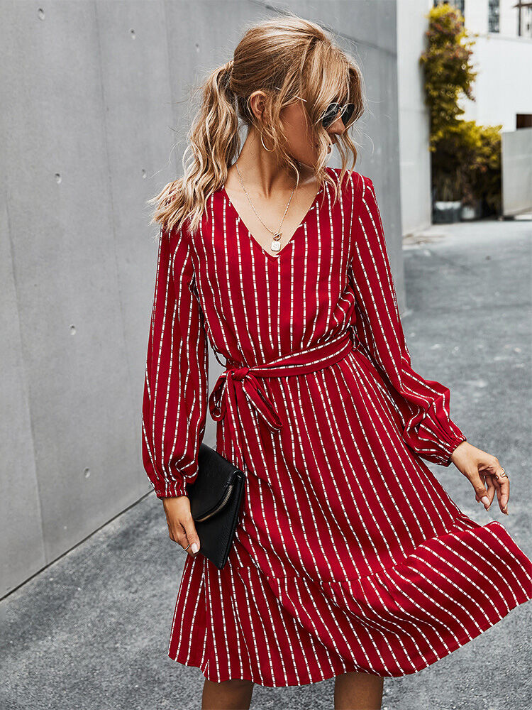 Lantern Sleeve Belted Stripe Dress
