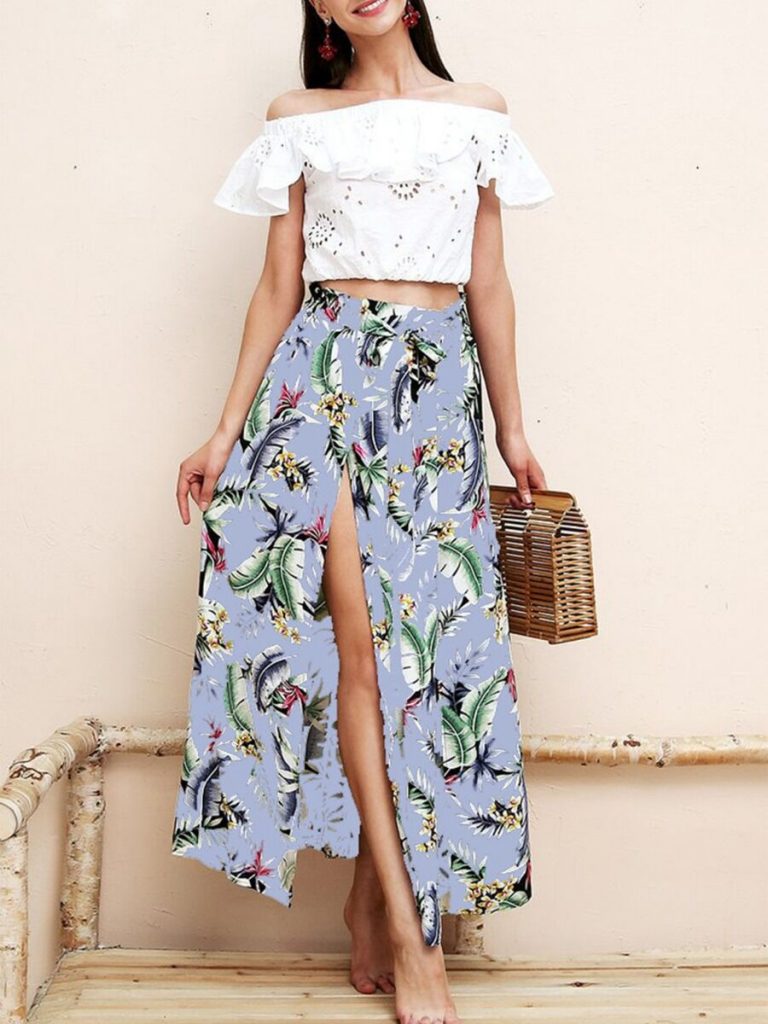 Bohemian Style Leaf Print Split Skirt