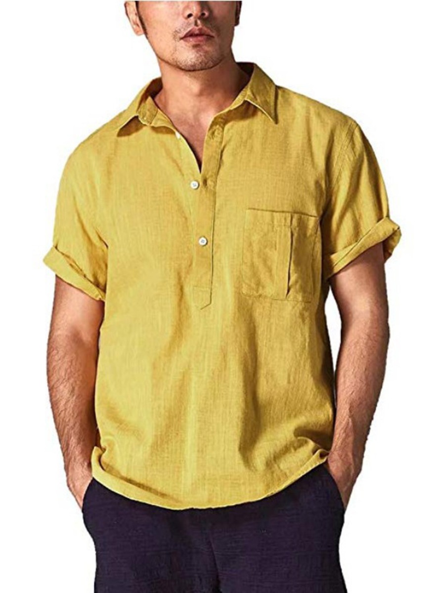  Roll-up Short Sleeve Linen Solid Pocket Shirt 