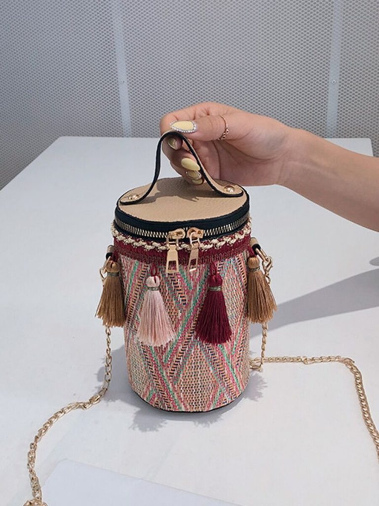 Ethnic Style Cylindrical Tassel Crossbody Chain Bag