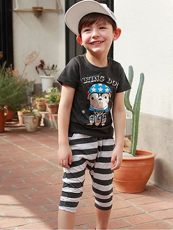 2-PIECE OUTFIT SET CARTOON TEE STRIPED SHORTS FOR TODDLERS BOYS
