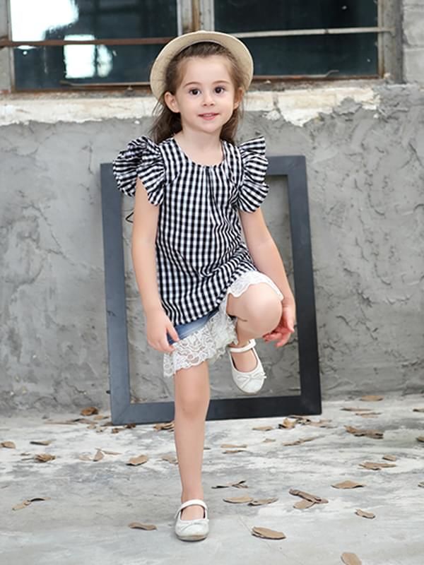  GINGHAM PLAID COTTON DRESS FLOUNCED TOP FOR TODDLERS GIRLS