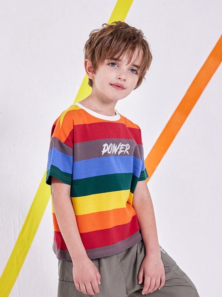 KID BOY POWER PRINT RAINBOW STRIPE TEE