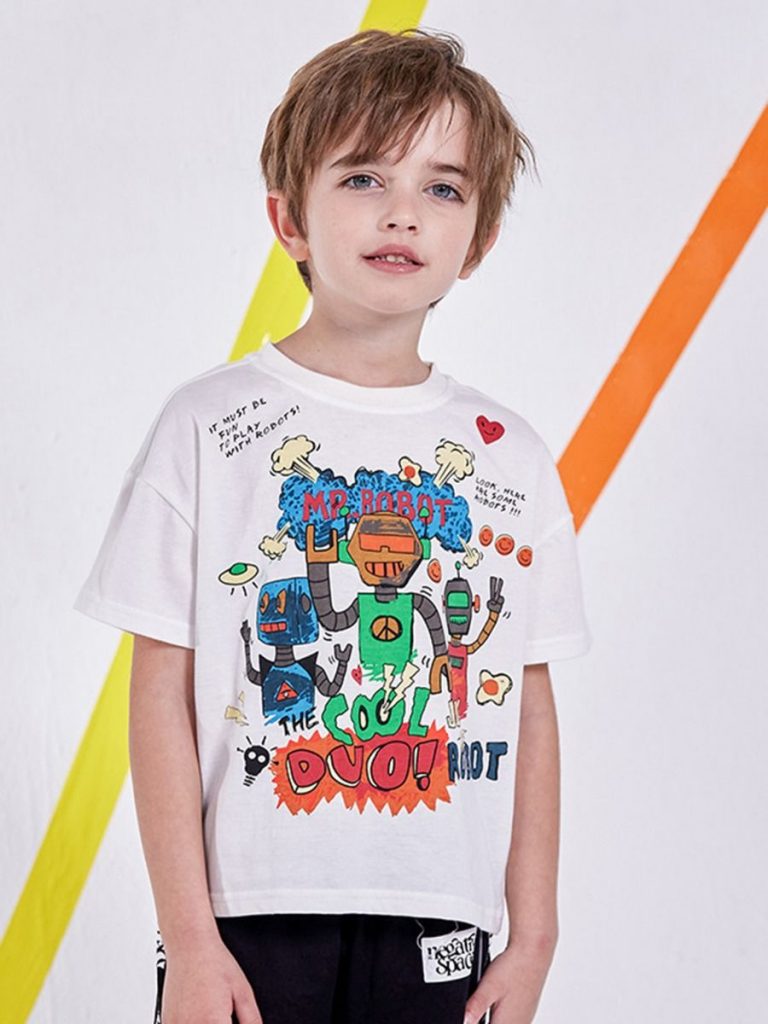 LITTLE BIG BOY ROBOT LETTER PRINT T-SHIRT