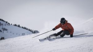 A person skiing on a mountain in Idaho.